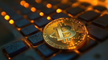 Aufkleber - Shiny Bitcoin Coin on Keyboard Background