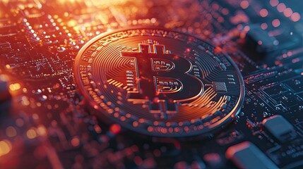 Poster - Digital Bitcoin on Circuit Board Background