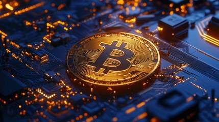 Poster - Bitcoin Coin on Circuit Board Background