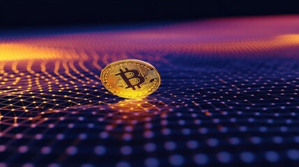 Poster - Golden Bitcoin on Digital Grid Background