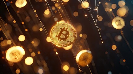 Poster - Glittering Bitcoin Coins on Dark Background