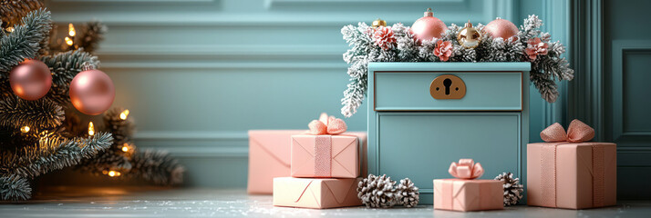 Poster - Soft pastel-colored mailbox with a few holiday envelopes and miniature gift boxes pouring out, creating a gentle holiday feel,
