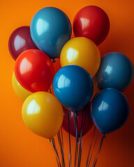 Poster - Festive birthday card with bright balloons in various colors, set against an orange background with plenty of copy space,