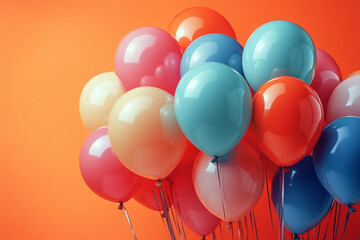 Poster - Cheerful design with multicolored balloons on a warm orange background, creating space for personalized text,