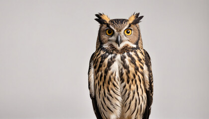 Wall Mural - a brown owl with yellow eyes stares intensely at the camera