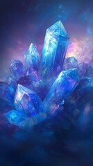 Poster - A cluster of large blue crystals against a purple and blue sky with a pink haze.