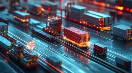 Canvas Print - A vibrant, futuristic scene of illuminated cargo containers and trucks in a bustling shipping yard, showcasing dynamic movement and technological advancement.