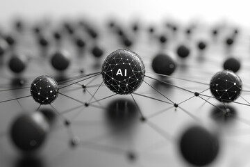 Leinwandbilder - Minimalist design with AI at the center, connected by clean, thin lines radiating outward in a circular pattern, symbolizing a network,
