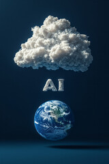 Leinwandbilder - Simple design of AI shaped like a cloud, hovering above a small, minimal Earth, casting a subtle shadow,