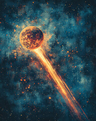 Aufkleber - Clean, modern graphic of AI shaped as a meteor with a smooth, minimal tail, aiming toward a small, blue Earth,