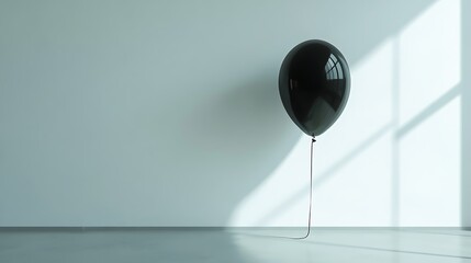 Canvas Print - A solitary black balloon stands against a minimalist wall, casting shadows in a serene indoor space.