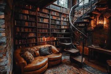 Poster - A cozy library with a leather couch, a spiral staircase, and a large bookcase filled with books.