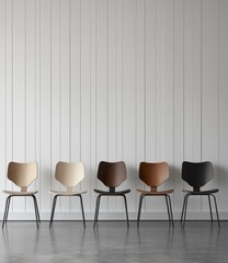 Poster - Four wooden chairs with black metal legs in front of a white paneled wall.