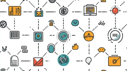 Abstract network of connected icons representing technology and innovation.