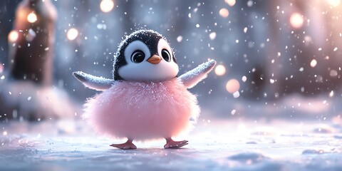 Poster - A cute cartoon penguin wearing a pink coat stands in the snow with its wings out, looking happy.