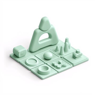 2408_021.A simple Magnetic tile set for babies and toddlers, Pale mint color, white background, 3D Rendering, isometric