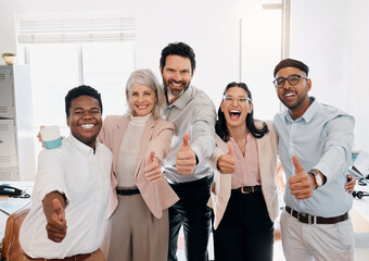 Poster - Excited, portrait or business people with thumbs up for winning, team or collaboration at office. Group, employees or colleagues with smile, like emoji or yes sign for good job or review at workplace