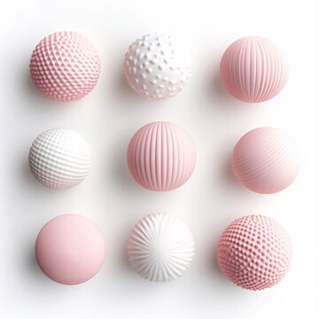 2408_028.A simple Textured balls set for babies and toddlers, Pale rose color, white background, 3D Rendering, isometric