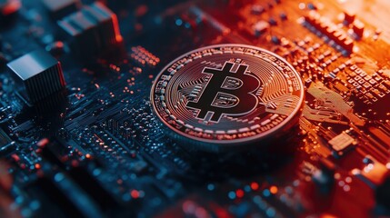 Poster - Bitcoin Coin on Circuit Board with Bright Lights