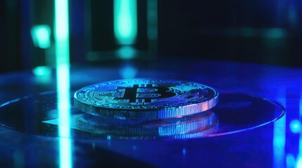 Poster - Bitcoin Coin on a Glowing Surface with Blue Light
