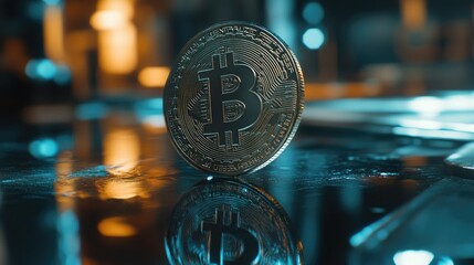 Poster - Close-up of a Bitcoin on a Reflective Surface