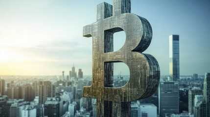 Poster - Bitcoin Symbol Over City Skyline at Sunset