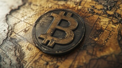 Poster - Bitcoin Coin on Vintage Map Background