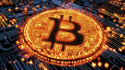 Poster - Vibrant Bitcoin Symbol with Digital Circuit Background