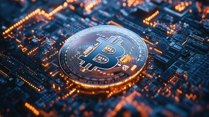 Poster - Digital Bitcoin on Circuit Board Background
