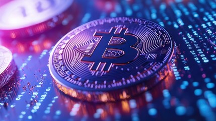 Poster - Close-up of Bitcoin on Digital Background
