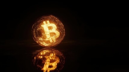 Poster - Glowing Bitcoin Symbol with Reflection on Dark Background
