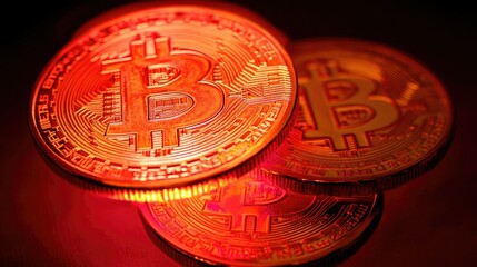 Poster - Red Bitcoin Coins with Light Reflection