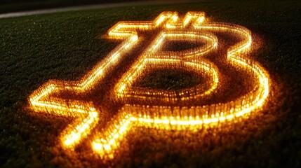 Poster - Bright Bitcoin Symbol on Grass at Night