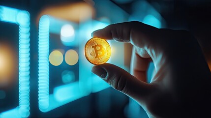 Poster - Bitcoin Art in Hand with Digital Background