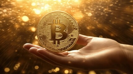 Poster - Golden Bitcoin with Sparkles in Hand