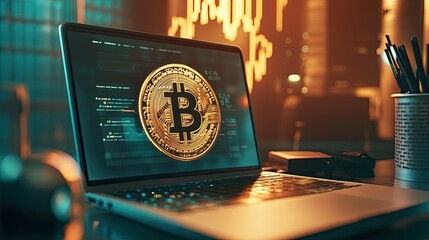 Poster - Digital Art of Bitcoin in Modern Workspace