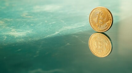 Poster - Golden Bitcoin Coin on Reflective Surface