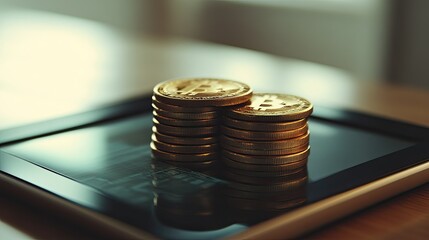 Poster - Stacks of Bitcoin Coins on Digital Tablet Display