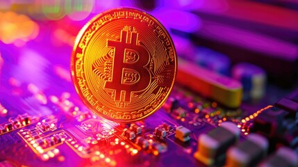 Poster - Gold Bitcoin Coin on Circuit Board Background