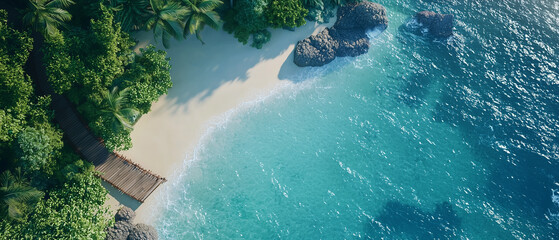 Poster - Aerial view of tropical beach with clear turquoise water, lush green trees, and wooden pathway leading to shore, creating serene and inviting atmosphere