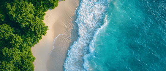 Poster - Aerial view of serene beach with turquoise waves gently crashing onto sandy shore, bordered by lush green foliage. vibrant colors create tranquil and inviting atmosphere