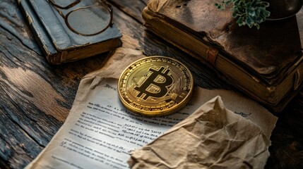 Poster - Bitcoin Coin on Vintage Papers and Old Books