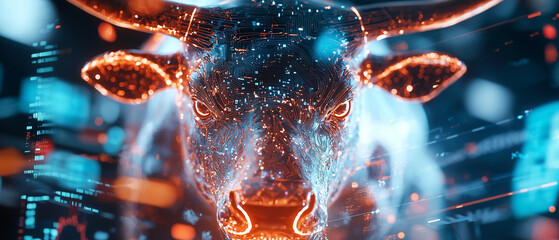 Aufkleber - digital bull with glowing circuits charges through vibrant trading floor, symbolizing energy and intensity in financial market. scene is filled with dynamic lights and data