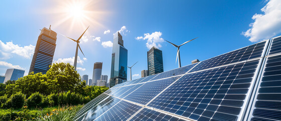 Poster - vibrant eco cityscape with solar panels and wind turbines under bright sun, showcasing sustainable energy solutions in urban environment