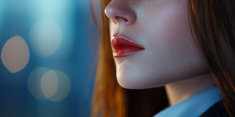 Aufkleber - close up of woman face with glossy red lips and smooth skin, set against blurred background, creating mysterious and elegant atmosphere