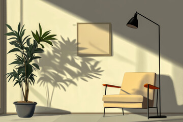 Poster - A white chair is in a room with a large plant and a picture on the wall