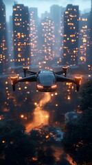 Poster - A futuristic drone flying over a city at night, with the buildings and streets lit up in the distance.