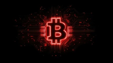 Poster - Bitcoin Logo with Red Neon Glow on Black Background