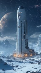 Poster - A futuristic rocket ship stands tall on a snowy, alien planet with a large moon in the background.
