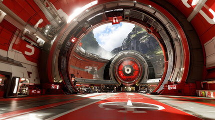 Poster - A red and white space station with a large red circle in the middle. The circle is surrounded by a red wall